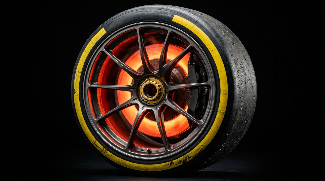 Hypercar racing wheel with a glowing red brake disc behind the rim — heat travels from disc to rim to tyre